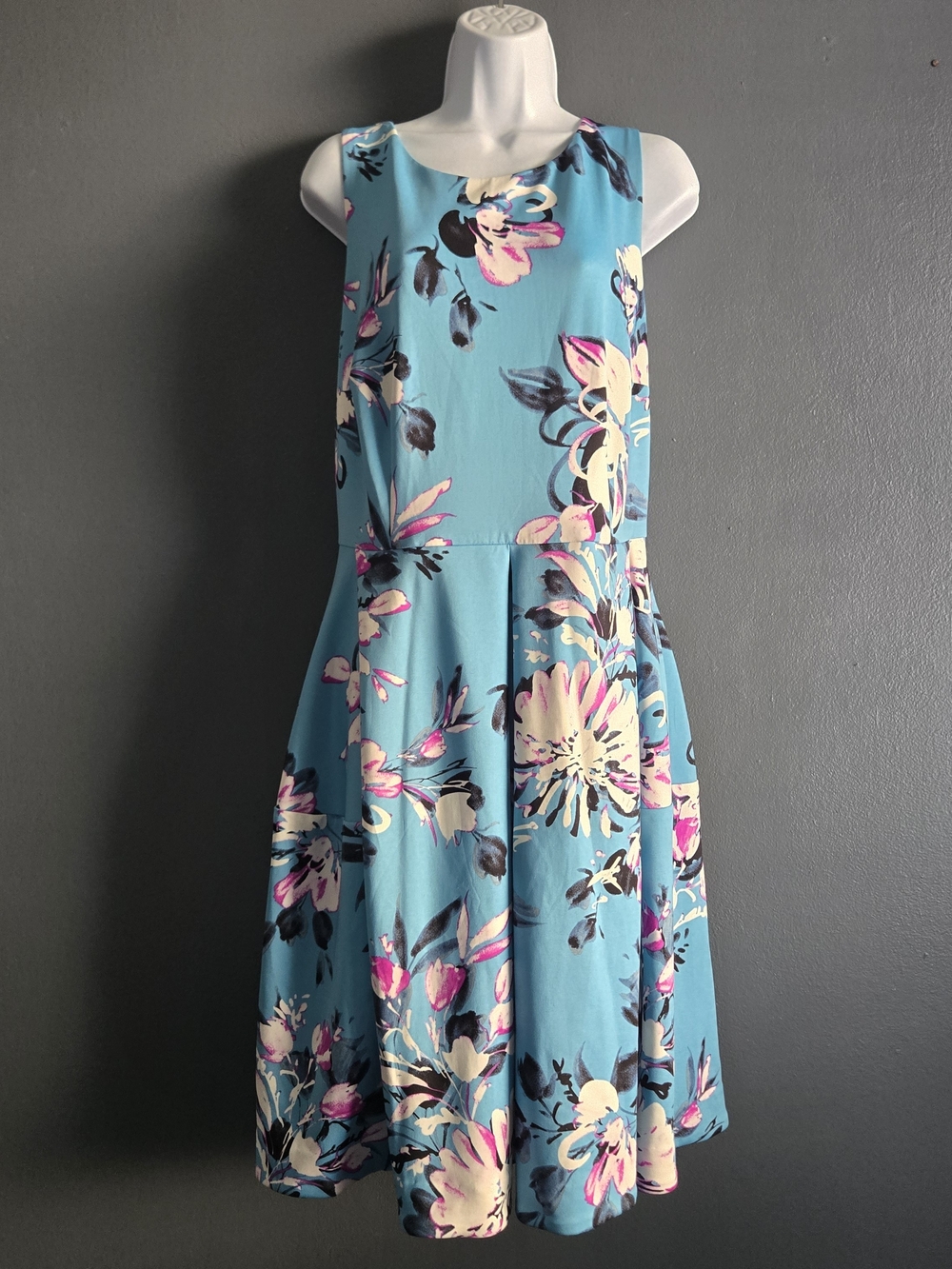 Roz&Ali Sleeveless Blue Floral Garden Party Retro Fit & Flare Pocket Dress 14